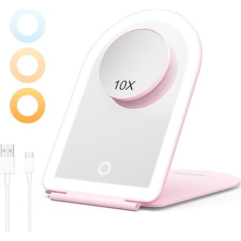 Miroir Maquillage Lumineux Portable avec Grossissant 10X, Miroir à Coiffeuse LED Tactile Réglable - Éclairage 3 Couleurs, USB Rechargeable pour Voyage et Chambre, Rose (1/5)