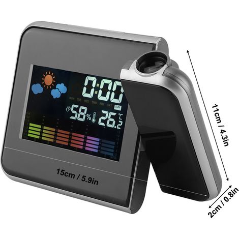 Horloge numérique LED avec projecteur météo, calendrier, hygromètre et réveil (Noir) (1/5)
