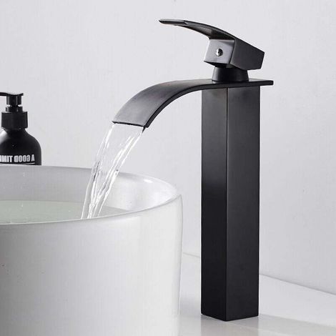 Robinetterie Cascade Noir avec Haut Bec, Mitigeur Lavabo Mono-trou en Cuivre, Mélangeur à Levier Unique pour Eau Chaude et Froide dans la Salle de Bain (1/4)