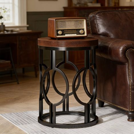 Tavolino rotondo d'appoggio Ø45 x 60 cm, MDF e metallo, marrone e nero OKMYHOME (1/5)
