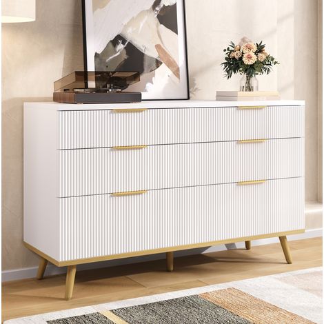 Commode en panneaux de particules blancs 120 x 40 x 76,5 cm avec 6 tiroirs et pieds aspect bois (1/5)