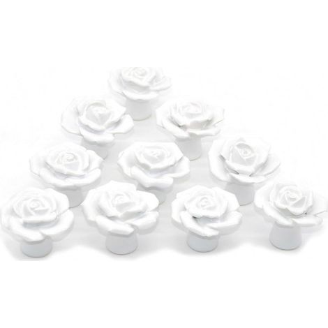 Fleur Rose Poignée de porte en céramique Commode Armoire de cuisine Placard Tiroir Poignées Lot de 10 pack,Blanc