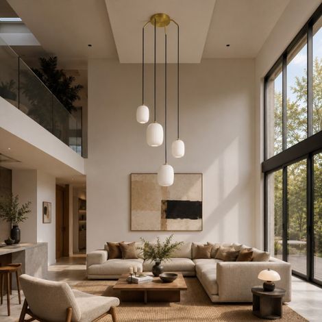 Suspension 4 lampes verre opale cannelé Jap laiton (1/3)