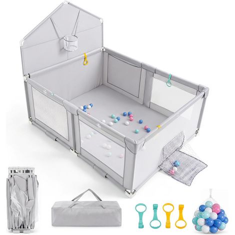 223 x 150 cm Baby Playpen, Foldable with Non-Slip Feet for Children 0-3 Years Old, Grey (1/4)