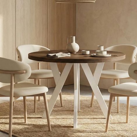 Table de salle à manger ronde extensible PERO, style loft, scandinave, diamètre : 90 / 140 cm, couleur : Franklin noyer / blanc (1/4)