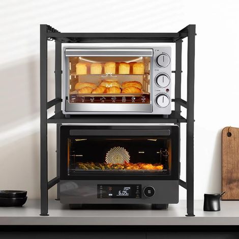 1 Étagère Micro-ondes, Extensible 40-64 Cm, Acier Carbone, 3 Niveaux, 6 Crochets, Cuisine