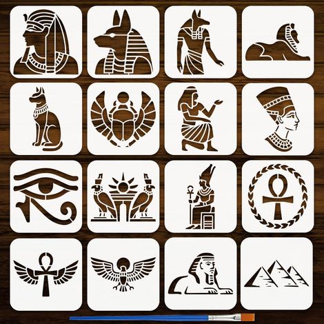 16Pcs Pochoirs Égypte 15x15cm Symboles Égyptiens Pochoirs Motif Sphinx Scarabée 16 Styles Modèle Égyptien en Plastique Avec Pinceau pour T-Shirt Bois Tissu DIY Art (1/5)