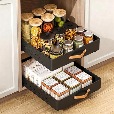 1 x Telescopic Kitchen Drawer with Sliding Drawers for Kitchen Adjustable Depth Drawer (41-60cm), W25cm x H7.8cm, Metal Sliding Organizer for Kitchen/Bathroom, No Drilling (1/5)