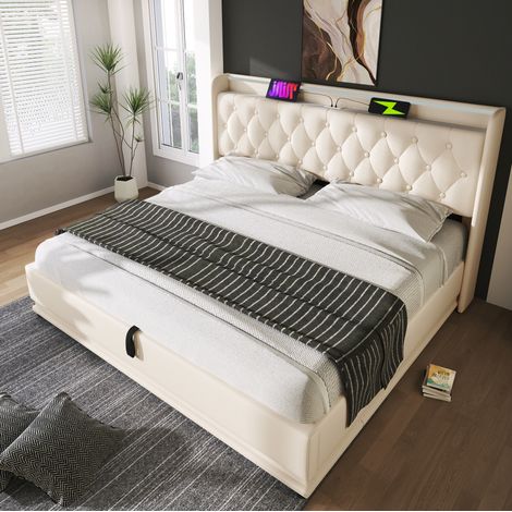 FLORAGRACE Lit coffre 160x200 cm blanc en PU, cadre de lit avec LED 360°, USB Type-C, rangement hydraulique (1/5)