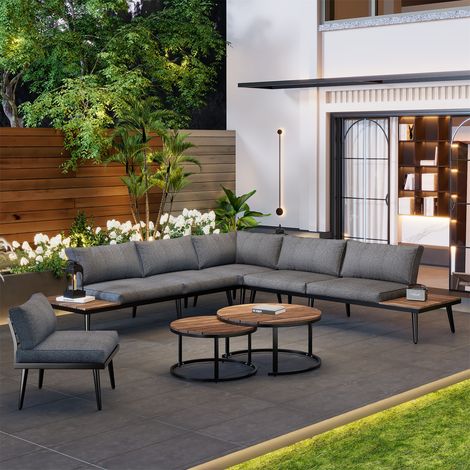 Modular Outdoor Sofa Set with Galvanized Iron Frame, Washable Cushions, Acacia Wood Nesting Tables, for Patio & Garden (1/5)