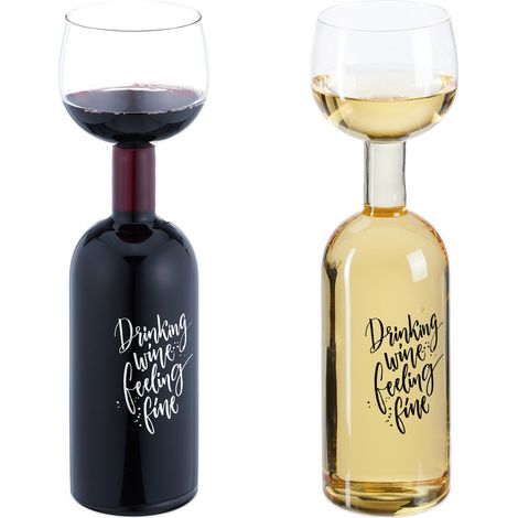 Relaxdays Bottle Glass, Fun Gift, "Drinking wine feeling fine" Inscription in Black & White, Vol. 750 ml, Transparent