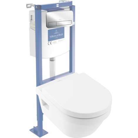 Pack inodoro suspendido sin reborde VILLEROY ET BOCH Architectura con descarga directa + asiento con cierre suave + estructura autoportante + placa cromada