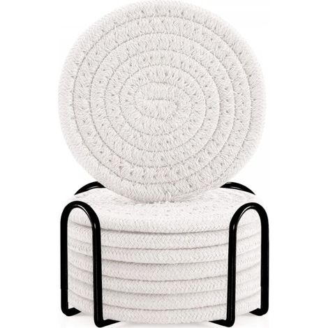 Ensemble de sous-verres ronds en coton blanc bohème pour table à manger, coussin isolant épais, tapis rond pour thé (avec support), 8 pièces (1/5)