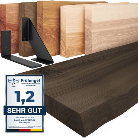 LAMO Manufaktur étagère murale en bois massif, bord régulier, étagère de rangement Industriall, bois foncé / équerre blanche 50cm, VW-01-A-004-50VW