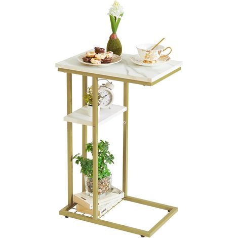 Table d’appoint Basse, Bout de Canapé, Forme C à 2 Étages, Rangement, Structure en Métal, pour Salon, Chambre, Balcon, Bureau, 40 x 26 x 61.5 CM, Marbre Blanc et Or HST004W (1/5)