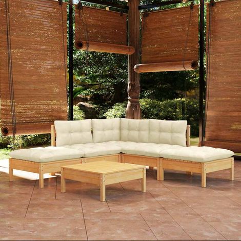 Salon de jardin 6 pcs Ensemble Table et Chaise de Jardin - avec coussins crème Bois de pin BV413244 - BonneVie (1/5)