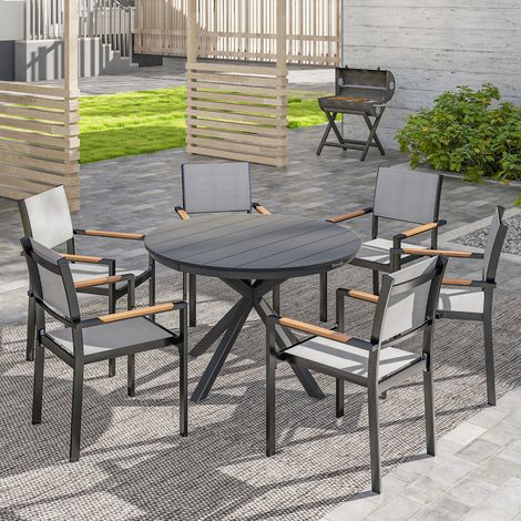 Mesa de comedor redonda de jardín de Ø 118 cm con estructura de aluminio para balcón, porche o patio, color negro.