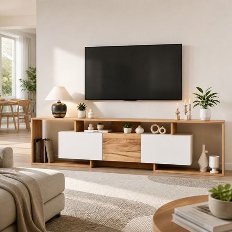 Mueble TV (180x30x49 cm), 2 puertas abatibles, 1 puerta batiente, 3 estantes abiertos, tablero de partículas, blanco y natural (1/5)