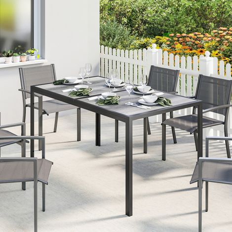 Table de jardin 4-6 personnes, plateau effet bois, acier et plastique PSPC, 150x80x74 cm, gris et noir (1/5)