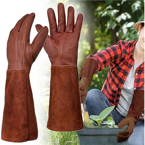 1 paire de gants de jardinage en cuir de vachette résistant aux épines, pour la taille des rosiers et des mûriers, protection longue jusqu'aux avant-bras, longueur 42 cm, marron (1/5)