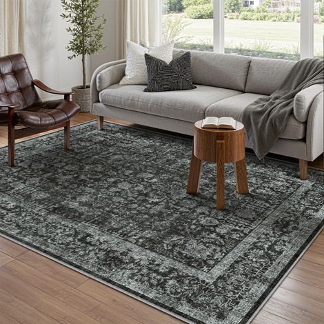 Vintage Tapis Salon 90x150cm Noir Lavable en Machine Rug Chambre Adulte Grand Rugs,Descente de Lit, AntidéRapant Carpet,Interieur Doux Poil Ras,Salle a Manger Carpets,Bureau (1/5)