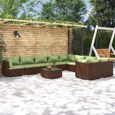 10-tlg. Garten-Lounge-Set mit Kissen Poly Rattan Braun (1/5)