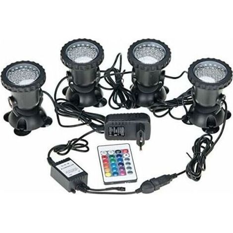Spots sous marins étanches multicolores RVB pour aquarium avec télécommande pour bassin de jardin, aquarium, piscine, prise britannique (lot de 4 lumières) (1/4)