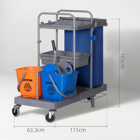 Putzwagen Reinigungswagen mit 3 Ebenen Wischwagen mit Presse, 2x18L Eimer für Hotel (1/5)
