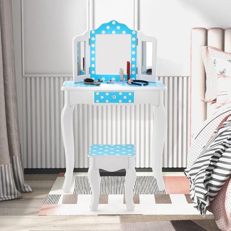 GOPLUS Coiffeuse Enfant avec Tabouret, 2 en 1 Table de Maquillage avec Miroir Rabattable, Tiroir Unique, Plateau Amovible, Bleu (1/5)