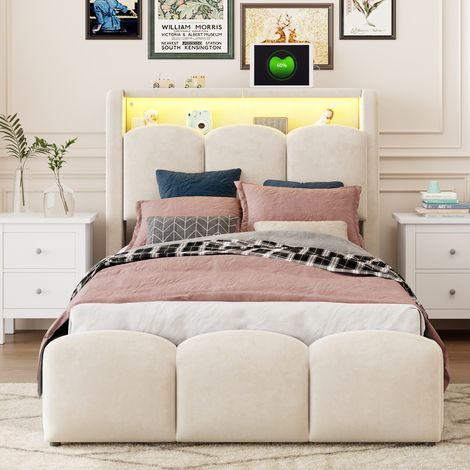 Lit coffre enfant 90x200 cm en velours, rangement hydraulique, tête de lit avec rangement, LED, ports USB et USB-C, design pétale - Beige (1/5)