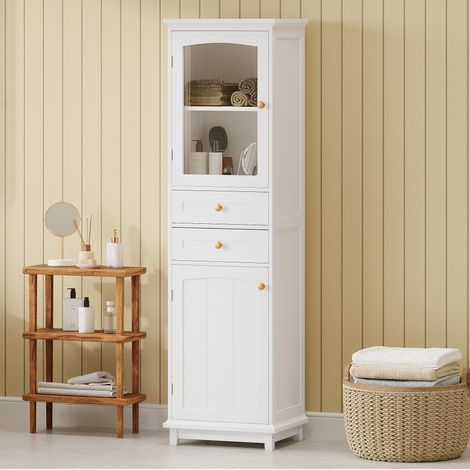 Mobile bagno 45x36x160 cm bianco in MDF e vetro con 2 ante, 2 cassetti e ripiano regolabile (1/5)
