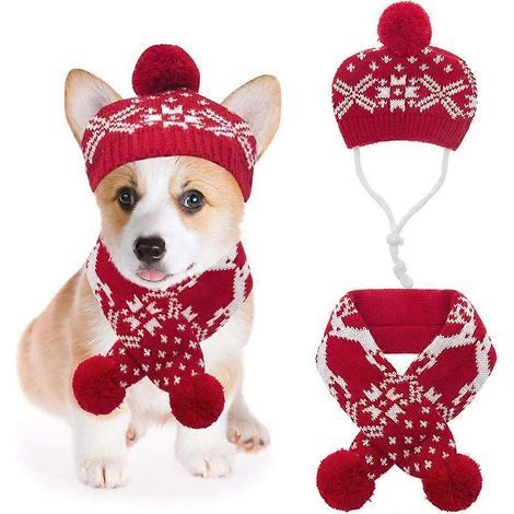 Christmas Dog Costume Hat Scarf Set Knitted Snowflake Reindeer Print 2PK, L (1/5)