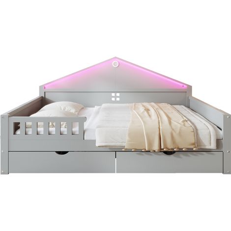 Lit enfant 140x200 cm avec éclairage LED, tiroirs de rangement, sommier inclus, lit simple adolescent, gris, chambre meuble complet (1/5)
