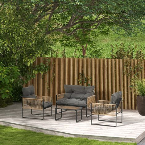 Muebles de jardín de poliratán 4 plazas gris oscuro con cojines, mesa de vidrio, resistente a UV (1/5)