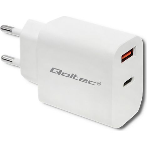 Cargador de pared Qoltec de 18 W  5-12 V  1,5-3 A  USB tipo C PD  USB QC 3.0  Blanco (1/5)