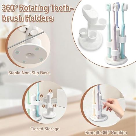 Porta spazzolino girevole a 360° per il bagno, 4 posizioni per lo spazzolino, con base antiscivolo, design compatto per uso domestico, bianco (1/5)