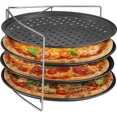 Relaxdays Pizza Tray, Set of 4, with Rack, Non-Stick Baking Sheet, Round Pans, Holes, Carbon Steel, Anthracite/Silver