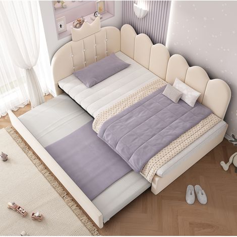 Tagesbett mit Ausziehbett 90x200 cm Beige aus Samt mit Kronen- und Gitterdesign (1/5)