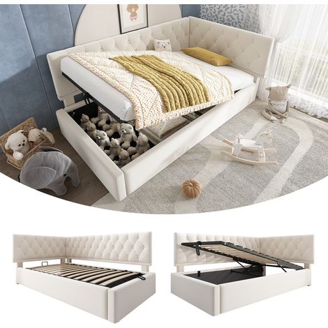 Polsterbett Tagesbett 90x200 cm mit hydraulischem Stauraum, L-Form Schlafsofa mit Bettkasten, Jugendbett aus Samt in Beige mit Lattenrost (1/5)