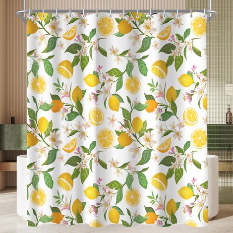 Rideau de douche 150x200 cm avec motif de feuilles de citron, ourlet lesté anti-moisissure, hydrofuge, lavable en machine - Rideau de bain en polyester avec 8 œillets et anneaux de rideau de (1/5)