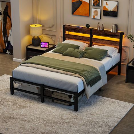 Lit 120x200 cm avec cadre métallique, éclairage LED, ports USB et rangement intégré, sans matelas (1/5)