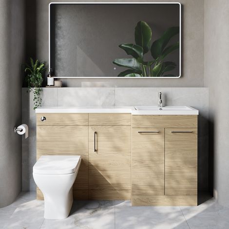 Napoli 390 Light Oak 1500mm 3 Door Vanity Unit Toilet Suite with Right Hand Square Lucia Basin - 1500mm - Chrome 160mm HandleWith Kingston Toilet Pan and Seat