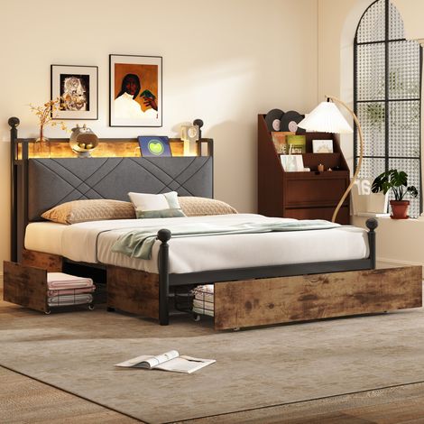 CHICFURN Cama doble 140x190 cm de metal negro con dosel, LED y USB (1/5)