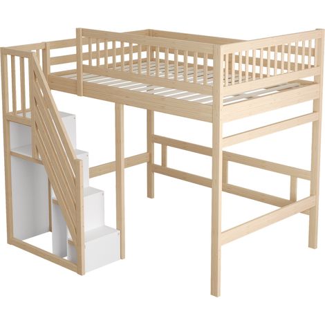 Lit surélevé 140 x 200 cm en bois avec escalier de rangement et garde-corps haut HOMVRA (1/5)