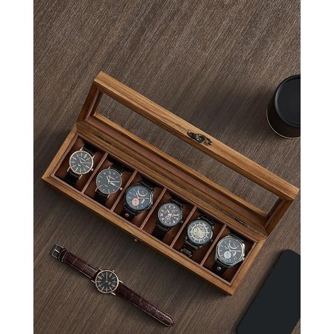 Scatola per orologi con 6 scomparti, custodia in legno massello, organizer, coperchio in vetro, espositore, cuscini rimovibili, idea regalo, noce rustico