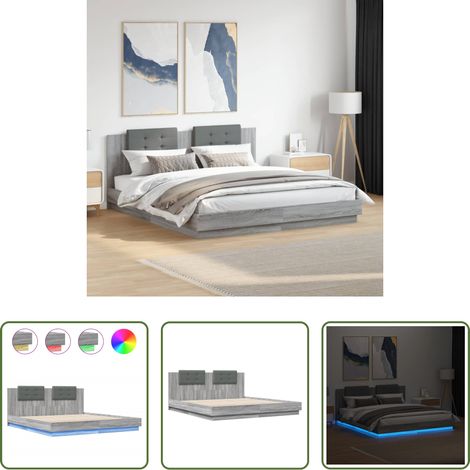vidaXL LED-Leuchten - Bettgestell mit Kopfteil und LED-Leuchten Grau Sonoma 160x200cm (1/5)