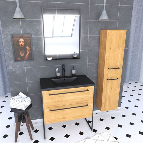 Mobile bagno 80 cm, lavabo nero, specchio LED e colonna – Rovere naturale – STRUCTURA