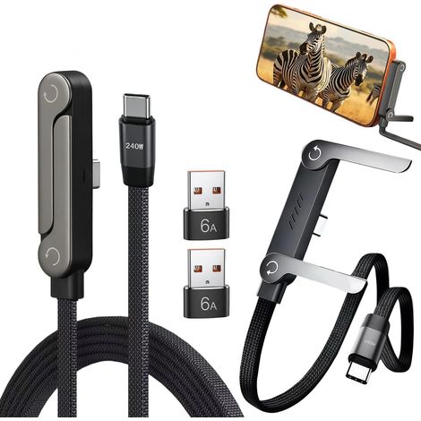 2pcs Câble USB C 240W Charge Rapide 2 en 1 avec Support Téléphone Invisible (1/5)