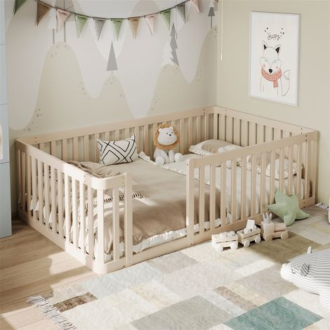 Lit évolutif Enfant 90x200 cm en Pin Massif - Cadre de Lit Bas avec Barrière de Sécurité - Style Montessori - Crème