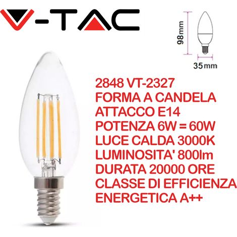 V-TAC VT-2327 Lampadina LED E14 6W Candela a Filamento Bianco caldo - 3000K